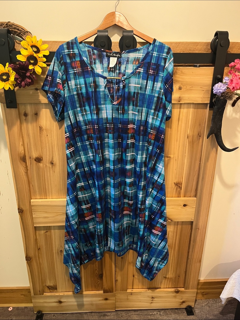 French Atmosphere Blue and Teal Plaid Midi Dress
